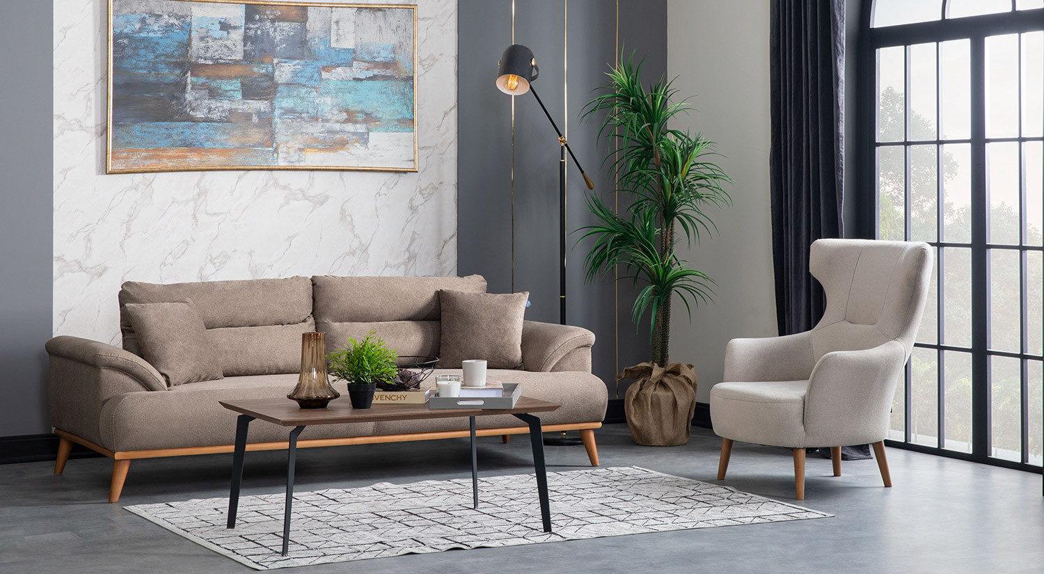 Milano Sofa Set - Brown - Cream